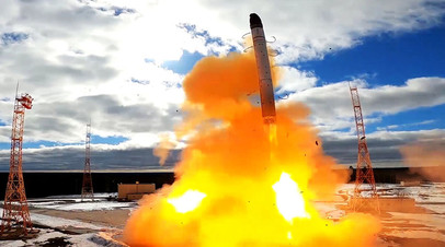 Запуск межконтинентальной баллистической ракеты стационарного базирования «Сармат» с космодрома Плесецк в Архангельской области